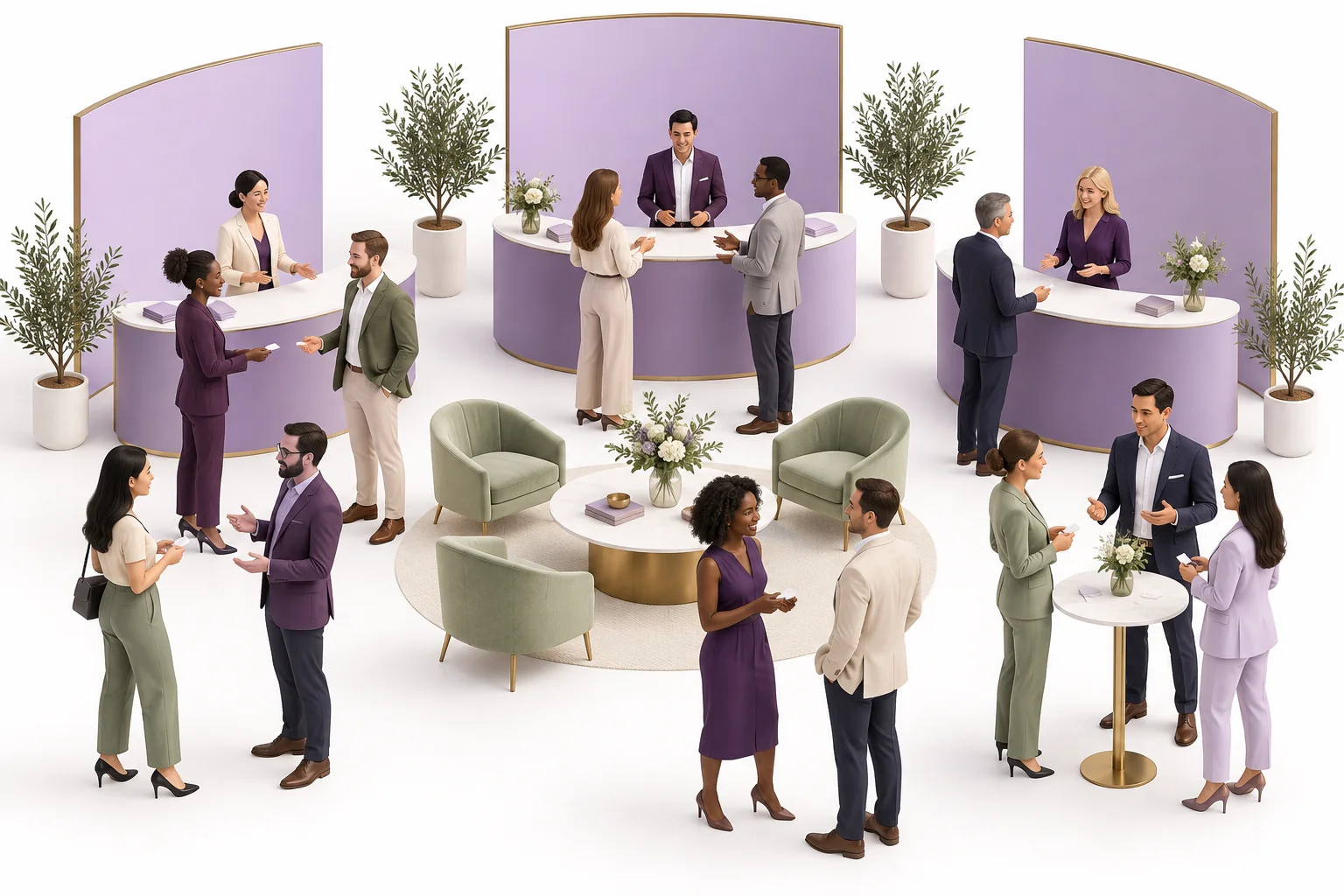 Ilustración de un encuentro de una asociación con expositores y conversaciones de networking