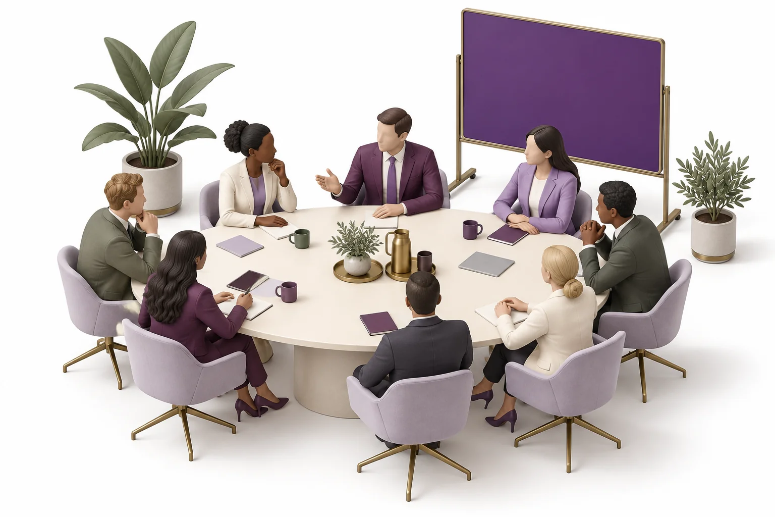 Ilustración de una reunión de directivos en torno a una mesa ovalada