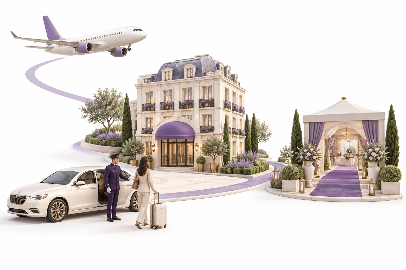 Ilustración que conecta el vuelo de un invitado, su estancia en el hotel y el traslado al recinto