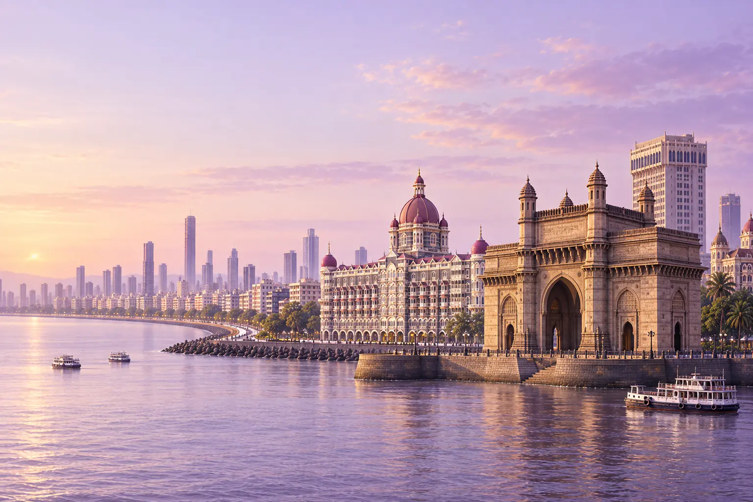 Ilustración del paseo marítimo de Bombay con la Puerta de la India y el hotel Taj Mahal Palace