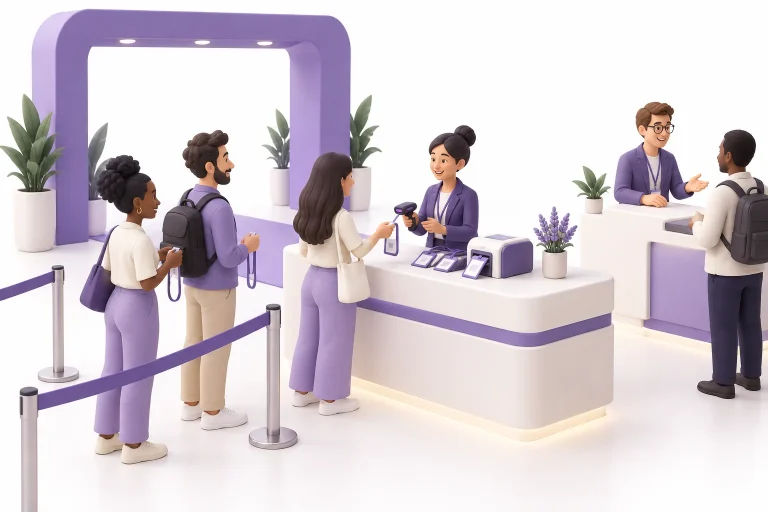 Ilustración de asistentes llegando al mostrador de check-in de una conferencia, con un punto de ayuda aparte.