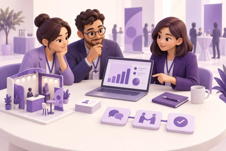 Ilustración de organizadores de eventos y un patrocinador revisando contactos y un informe del evento.